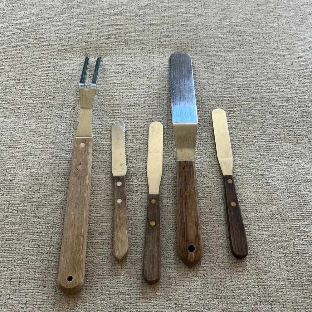 Vintage Wilton Ateco Stainless Steel Wood Handle Spatula Set Meat Fork 5pc Japan